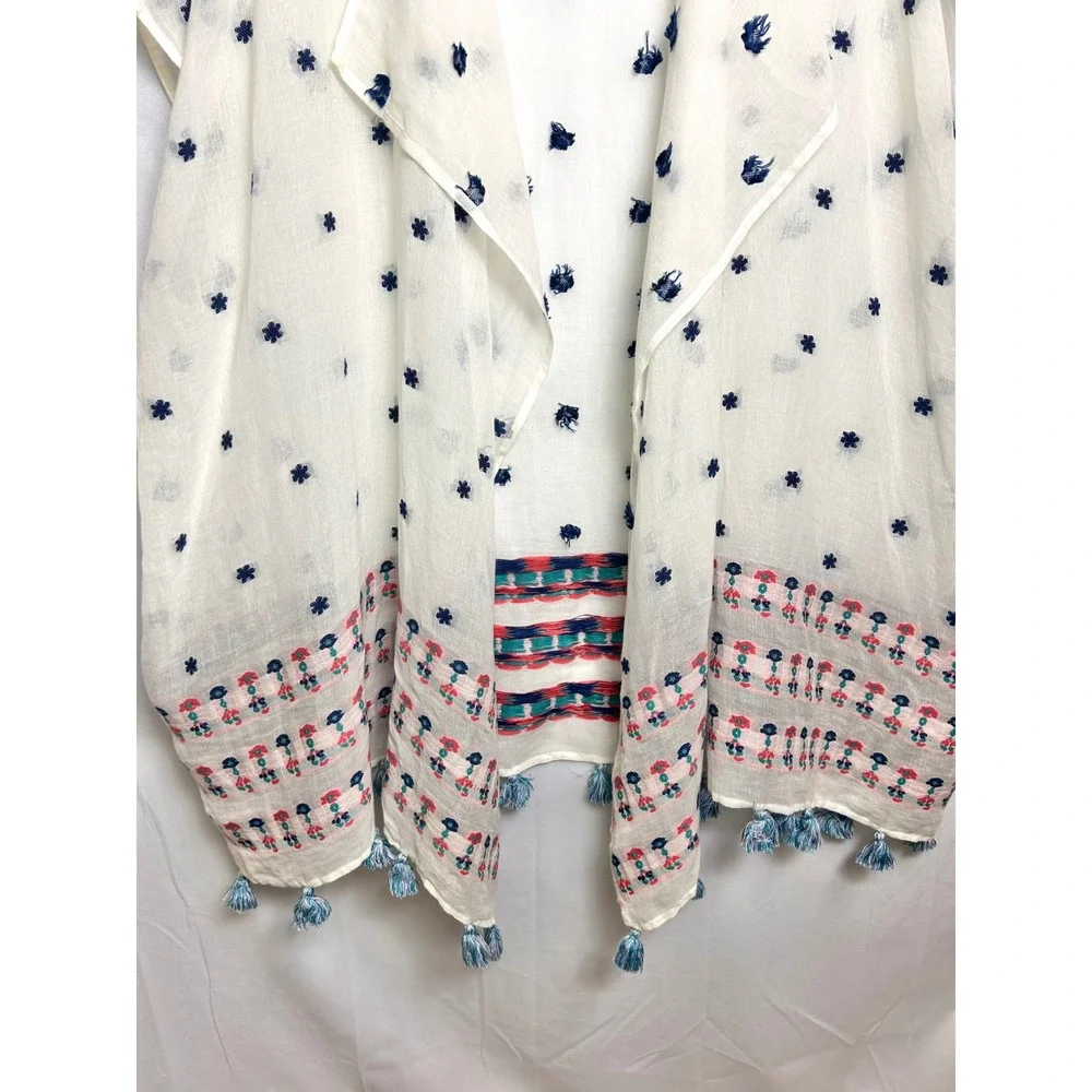 J.Crew Embroidered Tassel Kimono Wrap White Cotton Blend One Size Boho Coverup